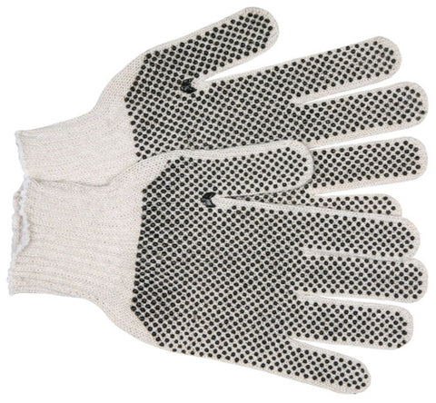MCR Cotton String Knit Work Gloves - 7 Gauge Economy Weight String Knit - Natural 70% Cotton 30% Polyester - Black PVC Dotted on Both Sides - Box of 12