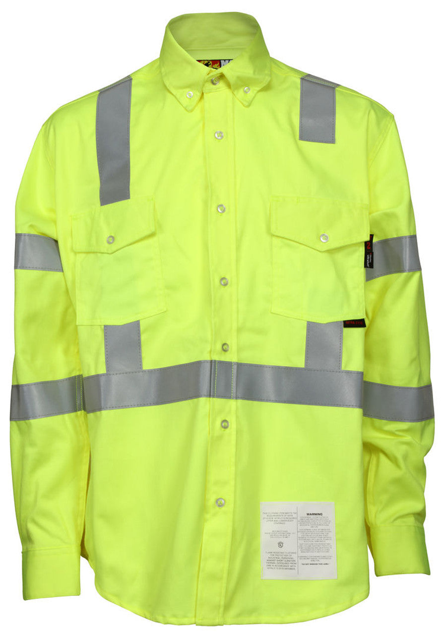 MCR Safety FR Gear - Flame Resistant Work Shirt - Class 3 Hi-Visibility Protection - 2 Inch Silver FR Reflective Stripes - Fluorescent Lime Flame Resistant Work Shirt Meets ANSI 107 Hi-Visibility Requirements
