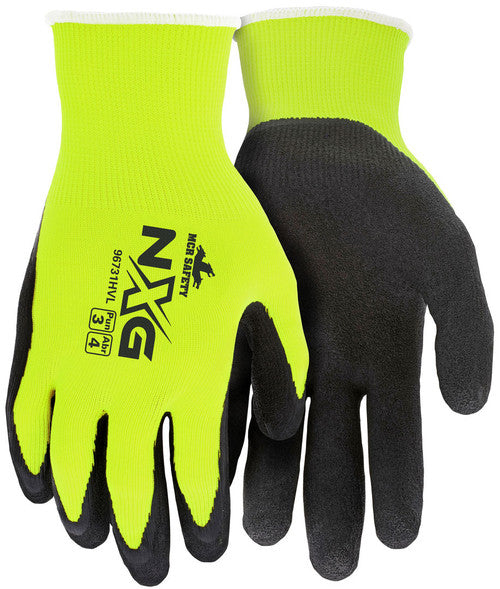 MCR Safety NXG® - Hi-Vis Work Gloves - 13 Gauge Hi-Visibility Lime Nylon Polyester Shell - Black Latex Foam Coated Palm and Fingertips - Box of 12