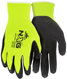 MCR Safety NXG® - Hi-Vis Work Gloves - 13 Gauge Hi-Visibility Lime Nylon Polyester Shell - Black Latex Foam Coated Palm and Fingertips - Box of 12
