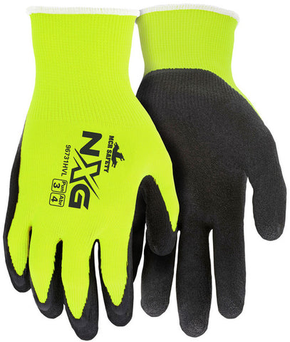 MCR Safety NXG® - Hi-Vis Work Gloves - 13 Gauge Hi-Visibility Lime Nylon Polyester Shell - Black Latex Foam Coated Palm and Fingertips - Box of 12