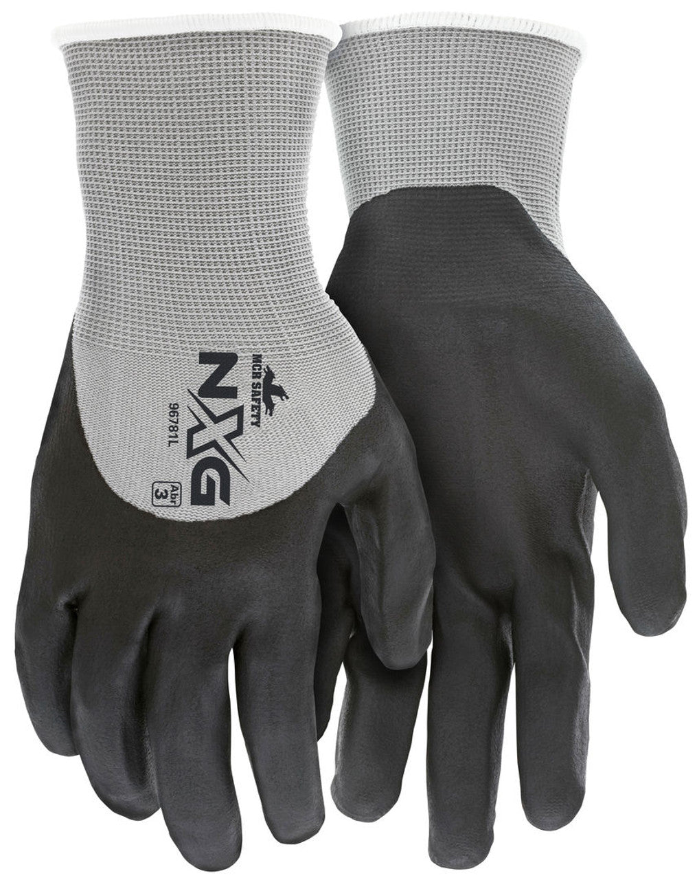 MCR Safety NXG ® Work Gloves - 13 Gauge Gray Nylon Shell - Black Nitrile Coated Palm, Fingers, and Over the Knuckles - Box of 12