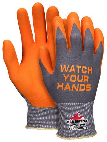 MCR Hi-Visibility Palm Work Gloves - 15 Gauge Gray Nylon Shell - Hi-Vis Orange Nitrile Foam Palm and Fingertips - Box of 12