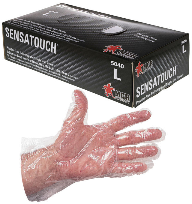MCR .4 mil (.80 g) SensaTouch™ Gloves - Powder Free Disposable - Polyethylene Industrial Food Service Grade - Embossed Finish - 10 Inches Clear - Box of 100