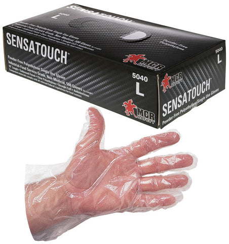 MCR .4 mil (.80 g) SensaTouch™ Gloves - Powder Free Disposable - Polyethylene Industrial Food Service Grade - Embossed Finish - 10 Inches Clear - Box of 100