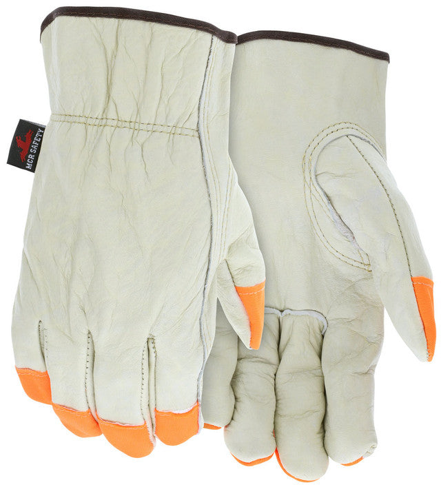 MCR Leather Drivers Work Gloves - Competitive Value (CV) C+ Grade Grain Cowskin Leather - Orange Fingertips - Box of 12