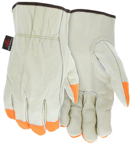 MCR Leather Drivers Work Gloves - Competitive Value (CV) C+ Grade Grain Cowskin Leather - Orange Fingertips - Box of 12