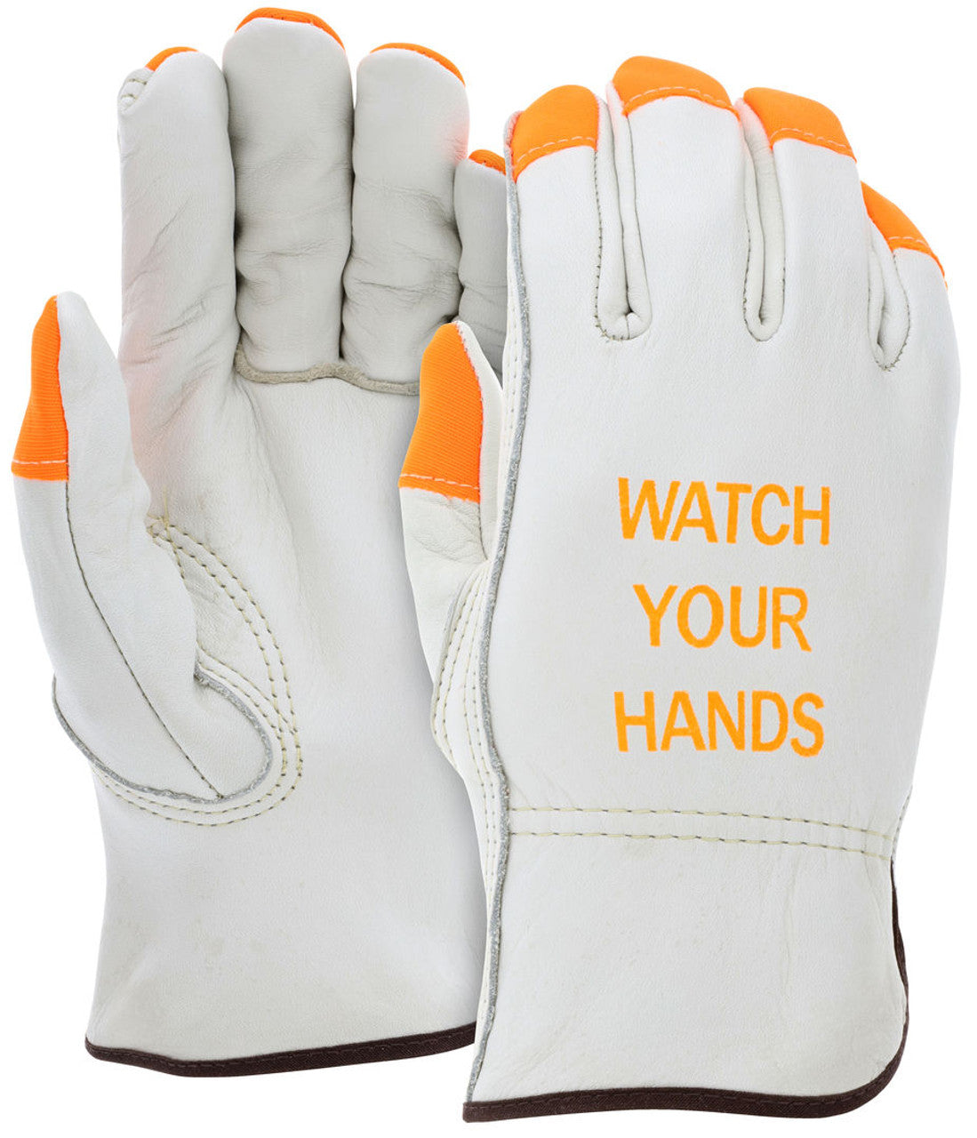 MCR Leather Drivers Work Gloves - Competitive Value (CV) C+ Grade Grain Cowskin Leather - Watch Your Hands Orange Logo and Fingertips - Keystone Thumb - Orange Accents - Box of 12
