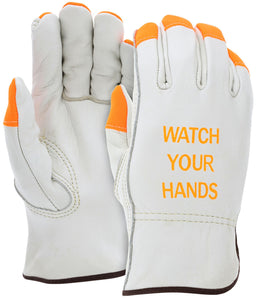 MCR Leather Drivers Work Gloves - Competitive Value (CV) C+ Grade Grain Cowskin Leather - Watch Your Hands Orange Logo and Fingertips - Keystone Thumb - Orange Accents - Box of 12