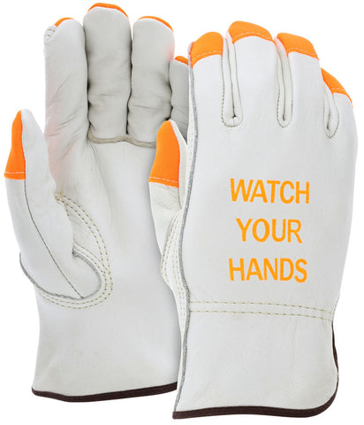 MCR Leather Drivers Work Gloves - Competitive Value (CV) C+ Grade Grain Cowskin Leather - Watch Your Hands Orange Logo and Fingertips - Keystone Thumb - Orange Accents - Box of 12