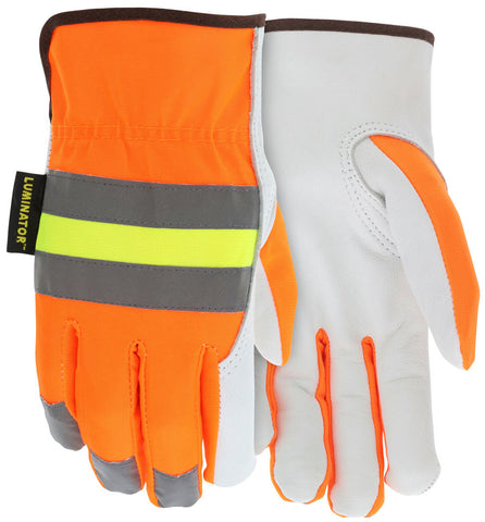 MCR Luminator® Hi-Visibility Leather Drivers Work Gloves - Premium A Grade Grain Goatskin Palm - Fluorescent Orange Fabric Back - Keystone Thumb - Box of 12