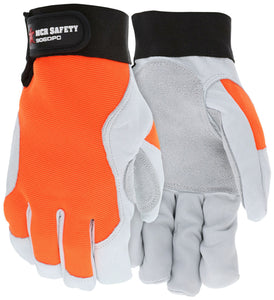 MCR Safety Mechanics Work Gloves - Rugged Grain Goatskin - Cowhide Double Palm - Adjustable Hook and Loop Closures - Reinforced Thumb Crotch - Orange Spandex Back