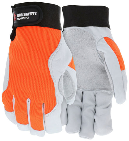MCR Safety Mechanics Work Gloves - Rugged Grain Goatskin - Cowhide Double Palm - Adjustable Hook and Loop Closures - Reinforced Thumb Crotch - Orange Spandex Back