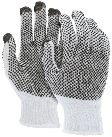 MCR Cotton String Knit Work Gloves - 7 Gauge Regular Weight String Knit White Cotton Polyester Blend - Black PVC Fingertips and Dots on Both Sides - Box of 12