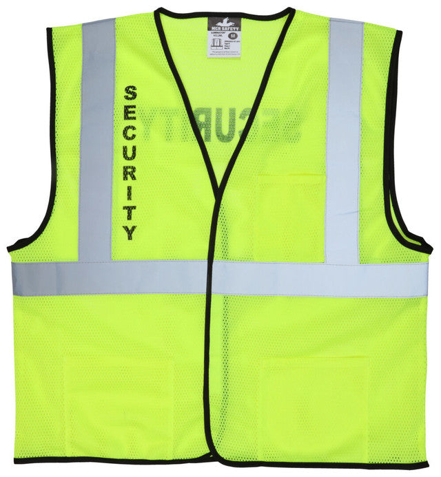 MCR Hi-Vis Reflective Lime Safety Vest - Mesh Fabric with Hook and Loop Front Closure - Meets ANSI/ISEA 107 2020 Standard - Type R Class 2 Compliant - Pre-Imprinted with Security Logo on Front Chest and Across Back