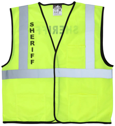 MCR Hi-Vis Reflective Lime Safety Vest - Mesh Fabric with Hook and Loop Front Closure - Meets ANSI/ISEA 107 2020 Standard - Type R Class 2 Compliant - Pre-Imprinted with Sheriff Logo on Front Chest and Across Back