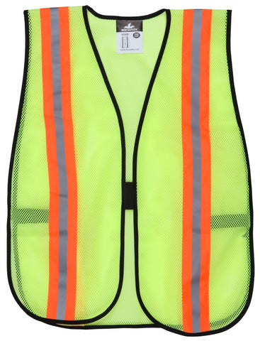 MCR Fluorescent Lime Mesh Safety Vest - 2 Inch Orange Silver Reflective Stripes - Light Weight Polyester Mesh Fabric - General Purpose, Non-ANSI Rated - Box of 12 - Part# V200R