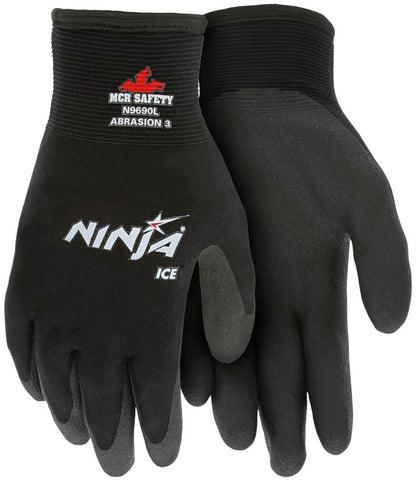 MCR Ninja® Ice Insulated Work Gloves - 15-Gauge Black Nylon Shell - Acrylic Terry Interior - HPT Coated Palm and Fingertips - Box of 12