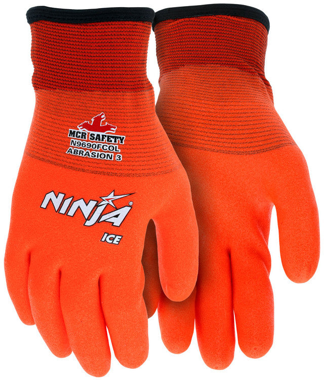 MCR Ninja® Ice Insulated Work Gloves - 15 Gauge Orange Nylon Shell - Acrylic Terry Interior - Fully Coated with HPT - Box of 12