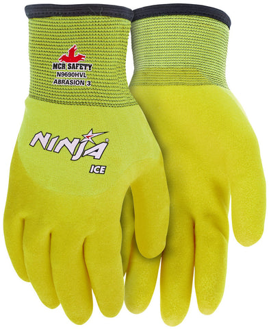 MCR Ninja® Ice Insulated Work Gloves - Hi-Vis 15 Gauge Lime Nylon Shell - Acrylic Terry Interior - Over-The-Knuckle Coated with HPT - Box of 12