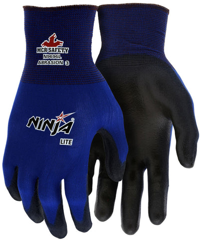 MCR Ninja® Lite Work Gloves - 18 Gauge Blue Nylon Shell - Polyurethane (PU) Coated Palm and Fingertips - Box of 12