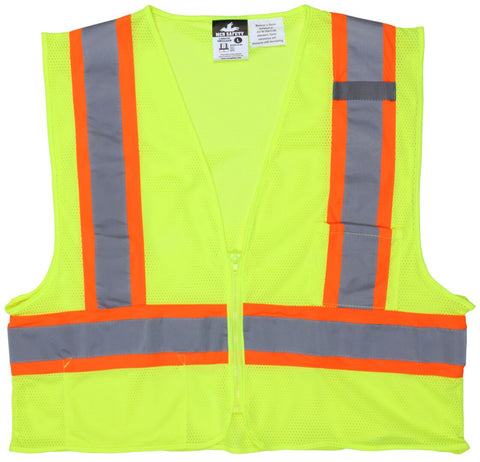 MCR Luminator® Series - Hi-Vis Reflective Lime Safety Vest - 3.5 Inch Orange Silver Stripes - Meets ANSI/ISEA 107 2020 Standard - Type R Class 2 Compliant - Limited Flammability - Dielectric / Non-Conductive - Zipper Front Closure