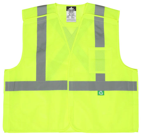 MCR Hi-Vis Reflective Lime Safety Vest - Manufactured with Recycled Materials - Meets ANSI/ISEA 107 2020 Standard -Type R Class 2 Compliant - Five Point Break Away Design