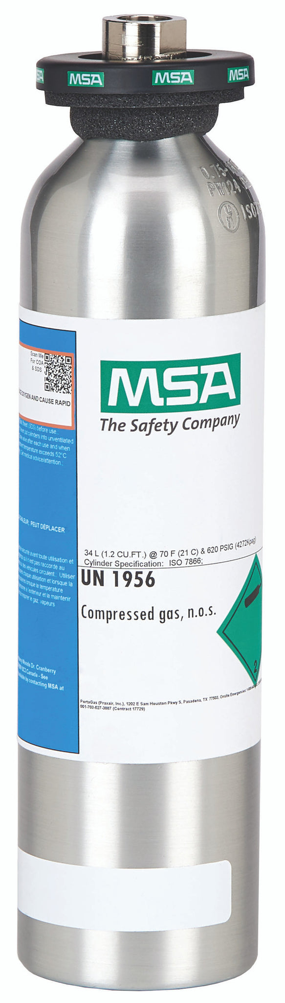 MSA ALTAIR® 5X Multigas Detector - Calibration Cylinder, Gas, 34 L, (CH4)-1.45%, (O2)-15%, (CO)-60 PPM, (H2S)-20 PPM, Aluminum Part# 10048280