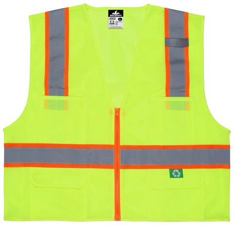 MCR Hi-Vis Reflective Lime Safety Vest - Manufactured with Recycled Materials - Meets ANSI/ISEA 107 2020 Standard - Type R Class 2 Compliant