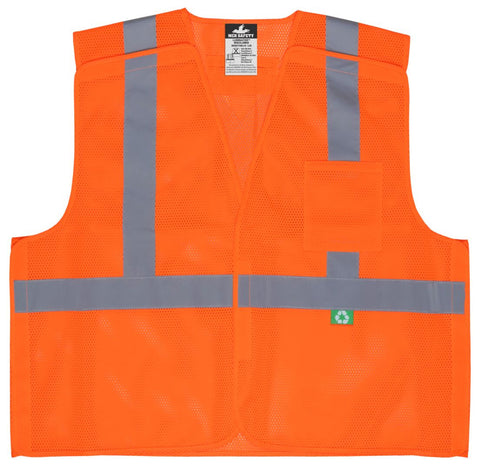 MCR Hi-Vis Reflective Orange Safety Vest - Manufactured with Recycled Material - Meets ANSI/ISEA 107 2020 Standard - Type R Class 2 Compliant - Five Point Break Away