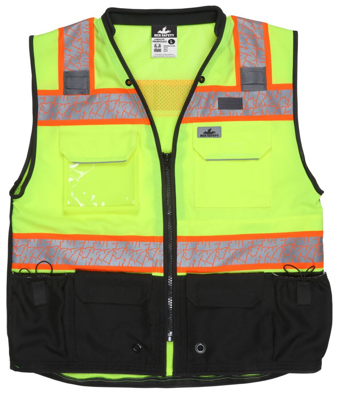 MCR Premium Hi-Vis Reflective Safety Vest - Zippered Front Closure with Solid Front & Mesh Back - Meets ANSI/ISEA 107 2020 Standard - Type R Class 2 Compliant