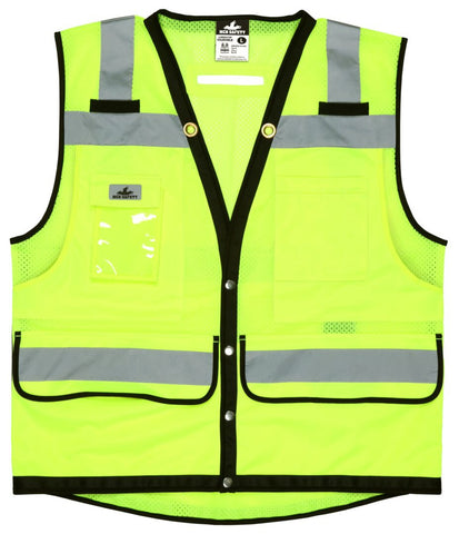 MCR Hi-Vis Reflective Lime Safety Vest - Surveyor Vest with 9 Pockets - Sturdy Metal Snap Front Closure - Meets ANSI/ISEA 107 2020 Standard - Type R Class 2 Compliant
