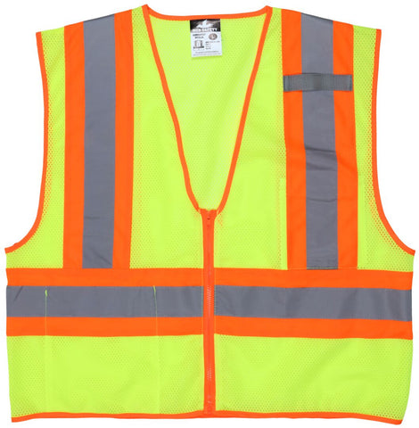 MCR Hi-Vis Reflective Lime Safety Vest - 4.5 Inch Orange Silver Stripes - Zipper Front Closure - Meets ANSI/ISEA 107 2020 Standard - Type R Class 2 Compliant