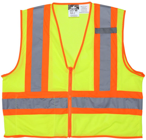 MCR Hi-Vis Reflective Lime Safety Vest - 4.5 Inch Orange Silver Stripes - Zipper Front Closure - Meets ANSI/ISEA 107 2020 Standard - Type R Class 2 Compliant - Limited Flammability - Dielectric / Non-Conductive Zipper Front Closure