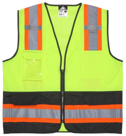 MCR Hi-Vis Lime Black Reflective Safety Vest - 4 Inch Orange Silver Stripes - Zipper Front Closure - Meets ANSI/ISEA 107 2020 Standard - Type R Class 2 Compliant