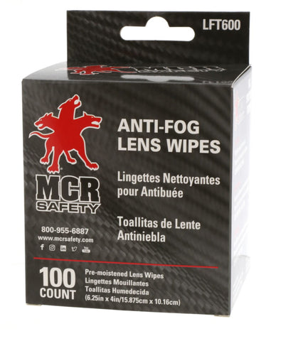 MCR Pre-Moistened Anti-Fog Lens Wipes - Individually Packaged Lens Cleaning Towelettes - 100 Wipes per Box - 6 Boxes per Case - Part# LFT600