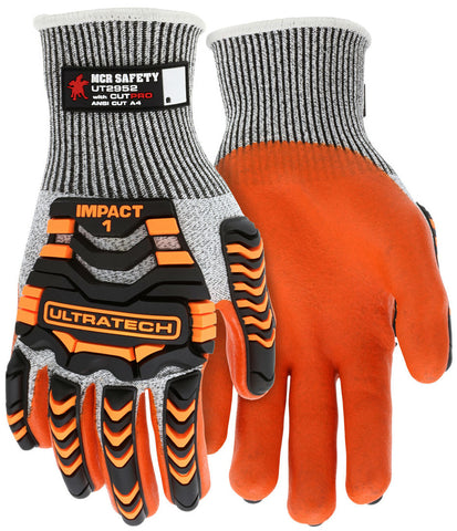 MCR Safety UltraTech® Mechanics Gloves - HyperMax® HPPE Shell - Cut and Abrasion-Resistant Gloves - Orange Nitrile Foam Palm and Fingertips - Box of 12