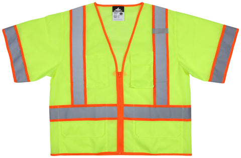 MCR Hi-Vis Reflective Lime Safety Vest - ANSI/ISEA 107 2020 Type R Class 3 - 2 Inch Silver Stripes Trimmed in Orange
