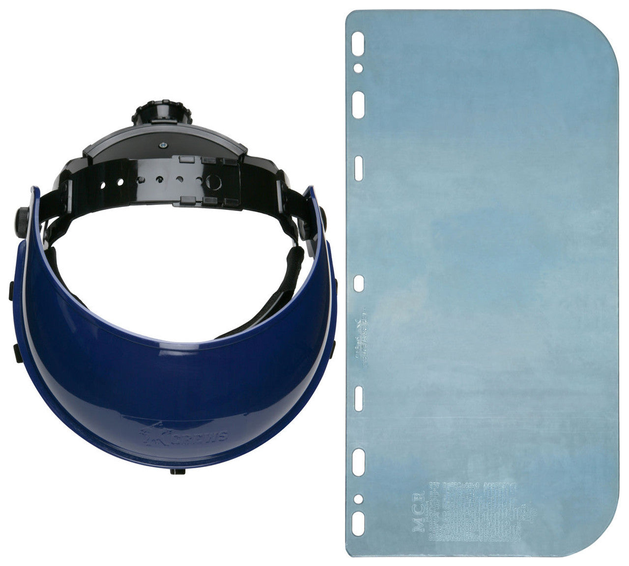 MCR Combo Kit - Blue Ratchet Headgear - .040 Clear PETG Face Shield - Shield Measures 8 Inches x 16 Inches - Excellent for Splash Protection and Impact Resistance - Box of 16 Part# 103640