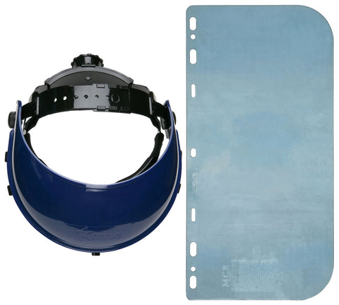 MCR Combo Kit - Blue Ratchet Headgear - .040 Clear PETG Face Shield - Shield Measures 8 Inches x 16 Inches - Excellent for Splash Protection and Impact Resistance - Box of 16 Part# 103640