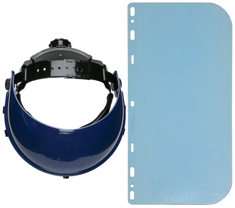 MCR Combo Kit Ratchet Headgear and Face Shield - Polycarbonate Face Shield - Lightweight Blue Nylon Headgear - Provides Additional Protection from Debris and Splash - Box of 16 Part# 103560