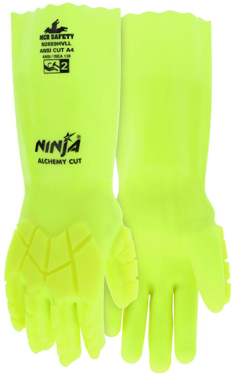 MCR Ninja® Alchemy - Cut-Resistant and Chemical-Resistant Work Gloves -TPR Back of Hand Provides Impact Resistance - 14-Inch Overall Length - Hand Double Dipped in PVC - 15-Gauge Cut Resistant HyperMax® HPPE Liner