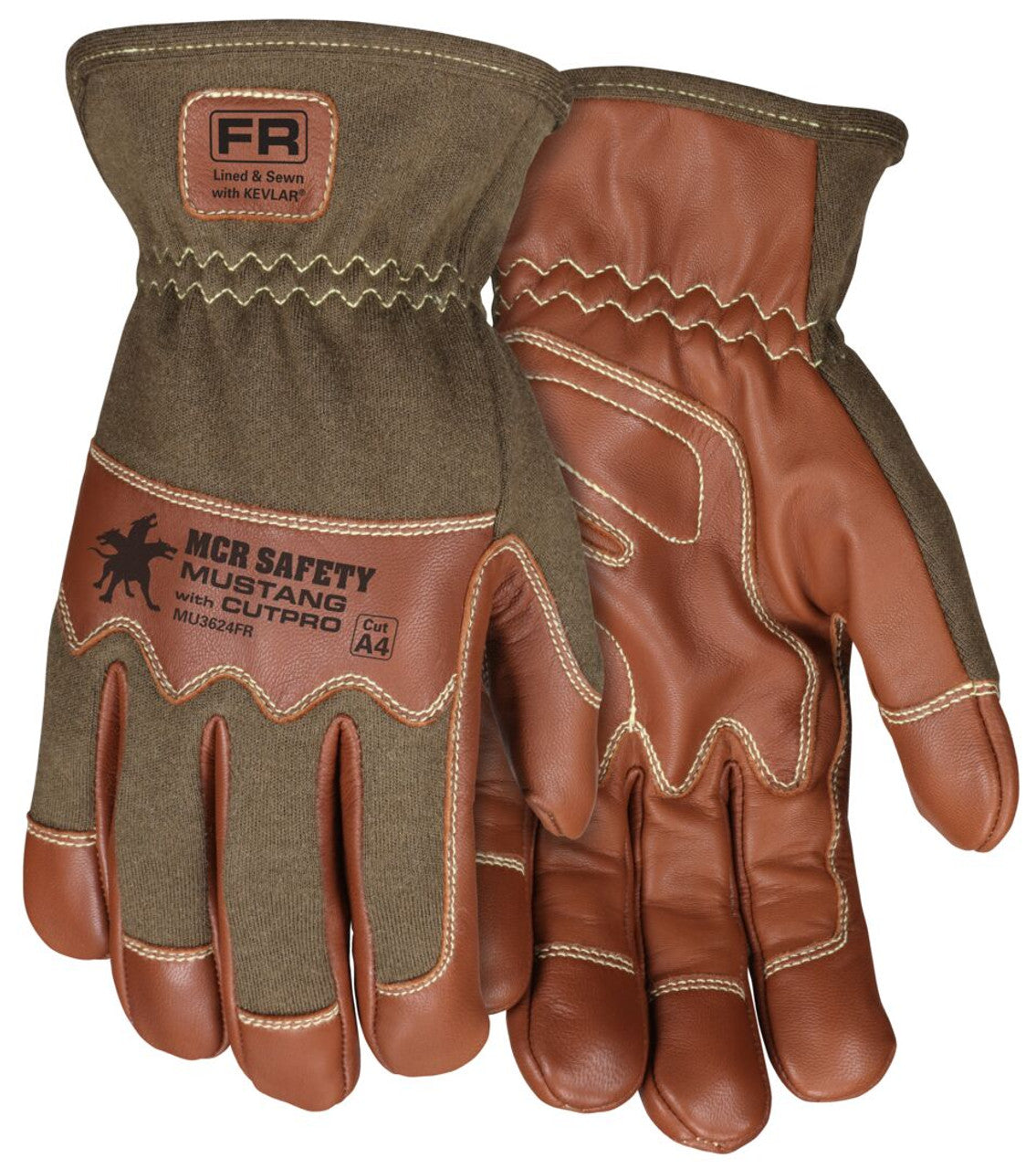 MCR Mustang Utility Drivers Work Gloves - Premium A Grade Grain Goatskin - Double Palm - DuPont™ Kevlar® Aramid Lined Palm