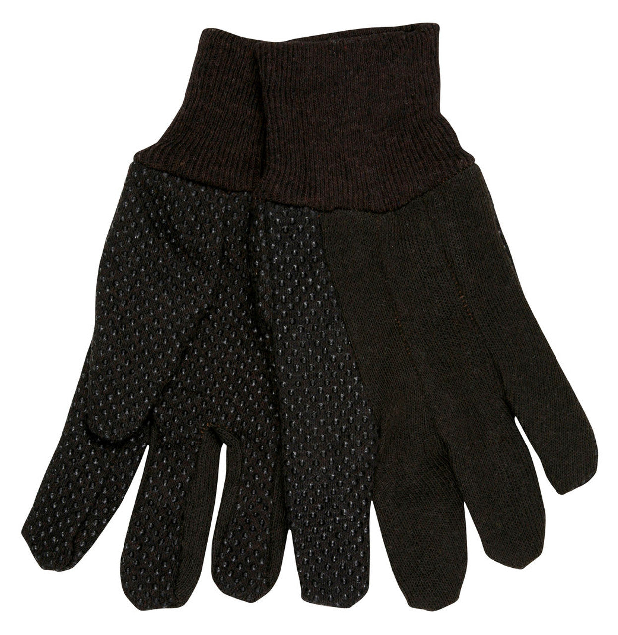 MCR Brown Jersey Work Gloves - Clute Pattern with Knit Wrist - Cotton Polyester Blend - Dotted Palm, Thumb, and Index Finger - Box of 12