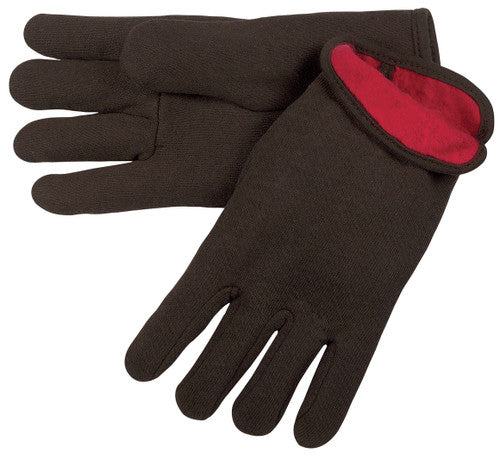 MCR Brown Jersey Work Gloves - Cotton Polyester Blend - Red Fleece Lined - Slip on Cuff - Red Fleece Lining Provides Warmth and Comfort - Box of 12