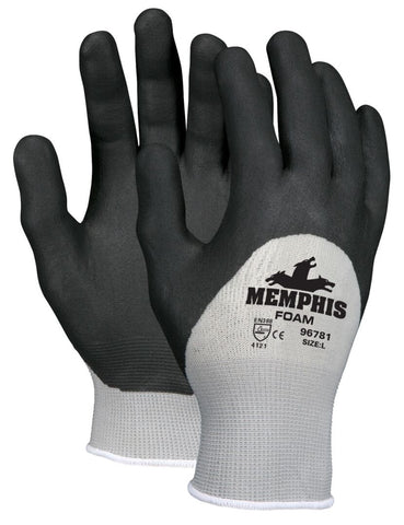 MCR Memphis™ Foam Work Gloves - 13 Gauge Gray Nylon Shell - Black Nitrile Coated Palm, Fingers, and Over the Knuckles - Vending Packaged - Case of 144
