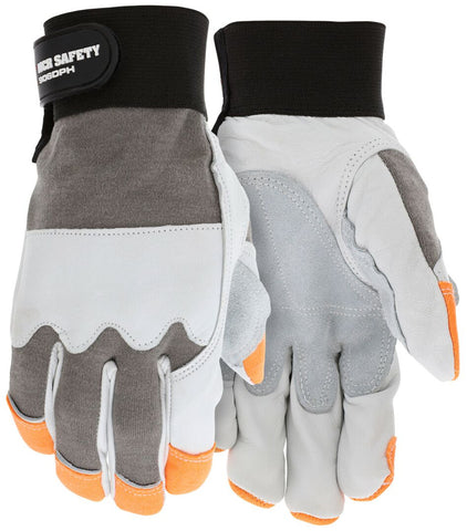 MCR Safety Mechanics Work Gloves - Rugged Grain Goatskin - Cowhide Double Palm - Adjustable Hook and Loop Closures - DuPont™ Nomex™ Fabric Back - Reinforced Thumb Crotch - Hi-Vis Fingertips