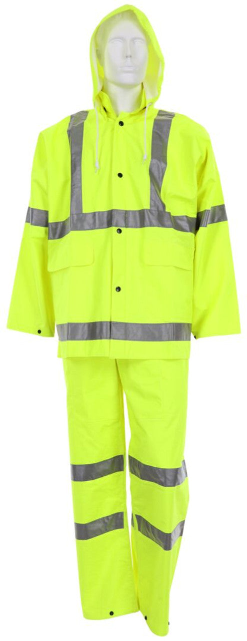 MCR Luminator® Hi-Visibility Rain Gear - .38mm PVC Polyester PVC - 3 Piece Hi Vis Reflective Rain Suit - Meets ANSI/ISEA 107 2020 Standard - Type R Class 3 Compliant - Jacket with Detachable Hood and Bib Pants