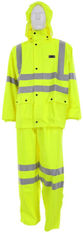 MCR Luminator® Hi-Visibility Rain Gear - .40mm PU / Cotton Poly Blend Stretch Fabric - 2 Piece Hi Vis Reflective Rain Suit - Meets ANSI/ISEA 107 2020 Standard - Type R Class 3 Compliant