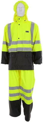 MCR Luminator® Hi-Visibility Rain Gear - .40mm PU / Cotton Poly Blend Stretch Fabric - 2 Piece Hi Vis Reflective Rain Suit - Meets ANSI/ISEA 107 2020 Standard - Type R Class 3 Compliant